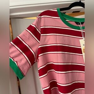 Pink & Red Striped Tee with Green Trim